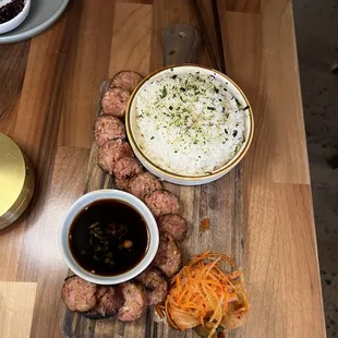 Laos sausage (freaking GET this- the furikake rice with the kimchi slaw was sooooooo complimentary with the hints of lemongrass)