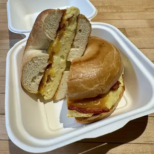 Bagel Egg Sandwich with cheddar cheese. Added bacon