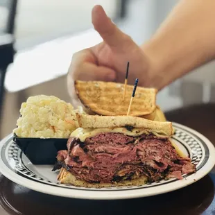 Hot pastrami with Swiss on rye.
