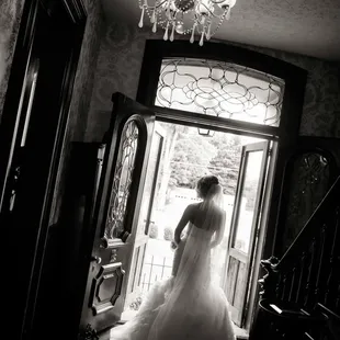 a bride walking down the stairs