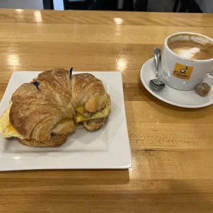 Croissant with egg, cheese and turkey sausage with one of the most European style cappuccinos I&apos;ve had on this side of the pond.