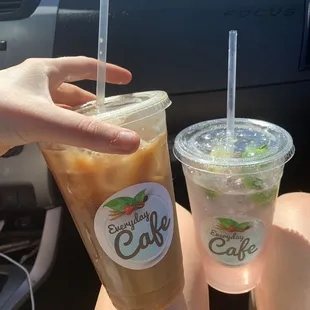 An iced vanilla latte with almond milk and two sugars and a raspberry lime rickey (asked for it to be "less sweet"). Perfect drinks!