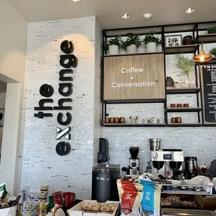 a counter with coffee and conversation