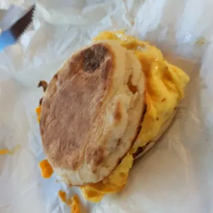 Egg and cheese on an English muffin.