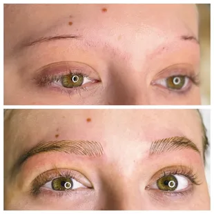 Microblading with a little shading. Brow transformation! She literally cried because she suffers from an autoimmune disease.