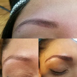 Bottom left, untouched brow. Bottom right microbladed brow. Top, 2 weeks after been microbladed.