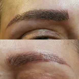 Bottom photo is of a previously microbladed brow. The top is a brow that has been touched up recently by way of microblading.