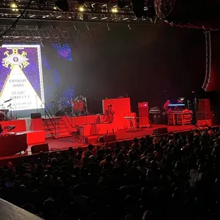 a stage with a band performing