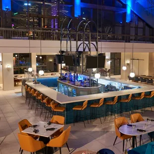 a restaurant with a pool