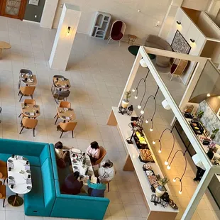 Aerial view of buffet breakfast and tables