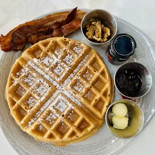 Waffle, toppings, and bacon