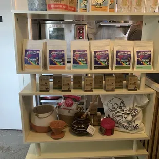 Coffee beans and merch