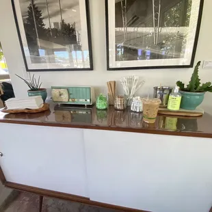 Condiments, straws, etc. It has a cute little radio!