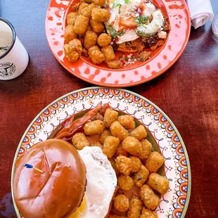 Fried chicken sandwich, pulled pork tostada. Tater Tots