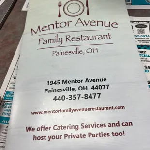 the menu for the restaurant