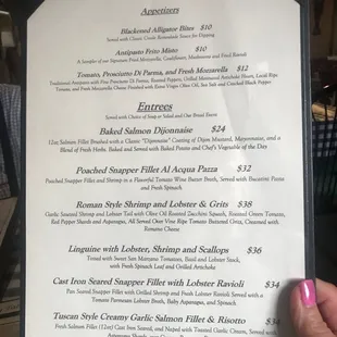 the menu for the family table specials