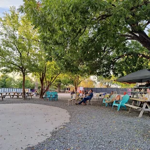 people sitting at picnic tables