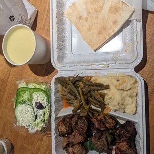 Beef &amp; chicken kabob, salad, cup of soup, sides - mashed potatoes, green beans