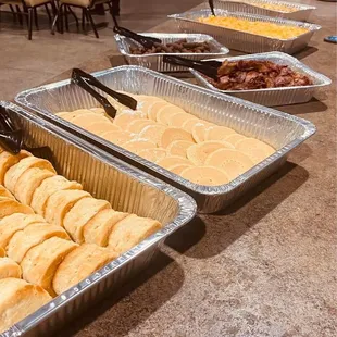 Breakfast Catering: Biscuits, Pancakes, Bacon, Sausage, and Hashtater Casserole