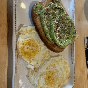 Avocado toast and 2 eggs