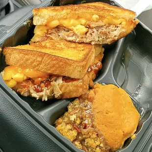 Grilled mac &amp; cheese with pulled pork and a side of sweet potato casserole