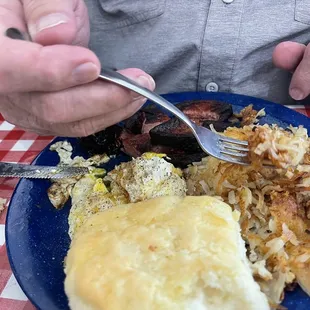 Fried bologna, hash browns,eggs &amp; biscuit