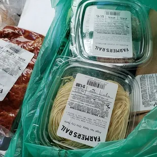 Rye bread, slab bacon, stuffed meatballs, angel hair pasta, shrimp and scallop kebabs