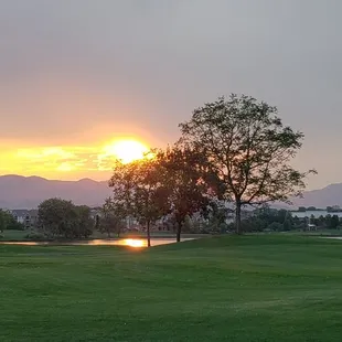 a golf course at sunset