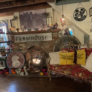 Fireplace inside cafe