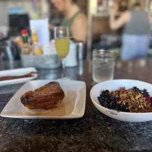 two plates of food on a counter