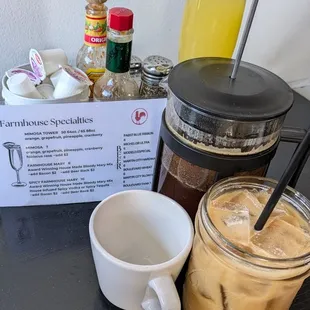 Drink menu, French press coffee, cold brew and mimosa