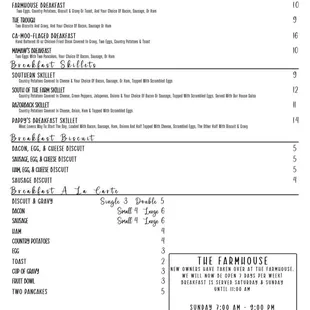 the menu for the farmhouse restaurant