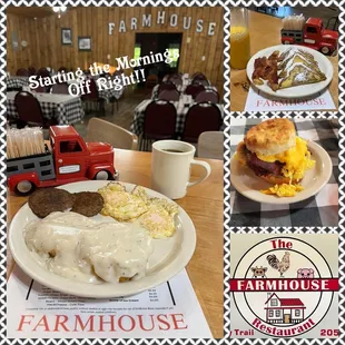 a breakfast of eggs, sausage, hash browns and biscuits