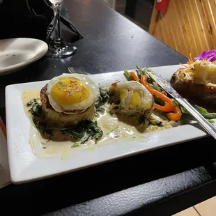 Crap cakes with quail eggs and twice baked potato- all was DEVINE