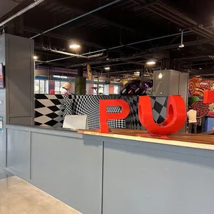 a view of a restaurant counter
