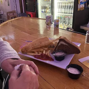 Walleye, fries, rye bread and tartar sauce