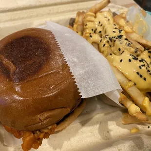 Spicy Chicken sandwich with spicy sesame fries.