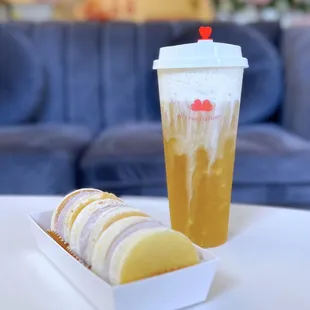 Taro Snow Sponge Cake (3 pc - $10.99) + Jasmine Green Tea w/ sea salt cheese crema ($6.99)