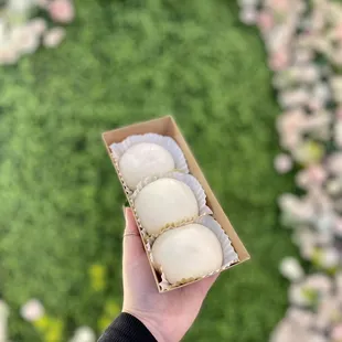 Mango snowballs (mochi with mango and whipped cream)