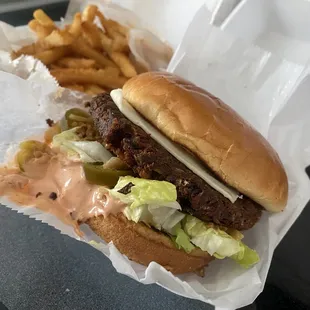 Black bean patty with fire ring toppings side of fries