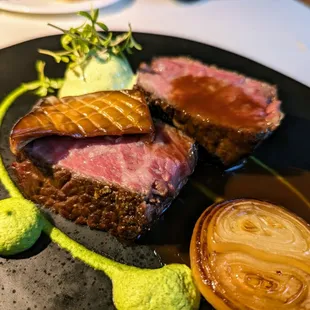 Main Course. Beef Ribeye with Bordelaise. Cippolini, broccoli, king trumpet.