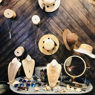 Necklaces, earrings, hats, and sunglasses are only part of the large accessory selection at The Feathered Nest
