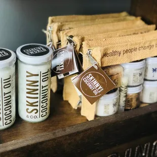 Upon the unique retail items available at The Feathered Nest is Skinny &amp; Co. all natural coconut oil products.