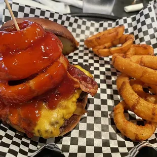 The John Wayne Burger with onion rings