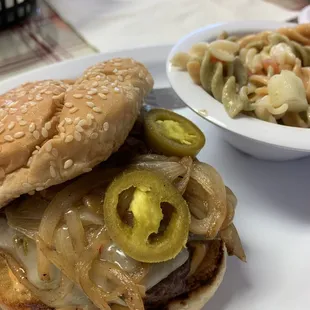 The Rancher Burger with side of pasta salad.