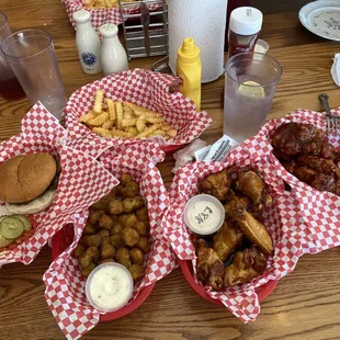 Burger, Okra, Fries, Bone in Asian Zing wings, Boneless Honey BBQ wings