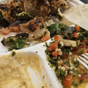 Chicken kebobs w hummus and tabouli