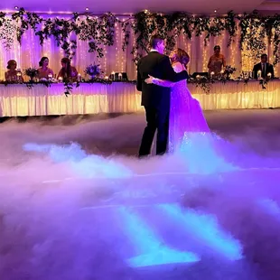 Bride and Groom on dance floor with event lighting and special effects on the dance floor at The Fez