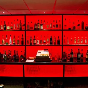 Bar display with red lighting for special event