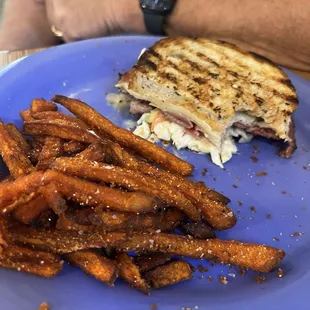 Reuben, sweet potatoe fries. I already ate half of both before picture was taken